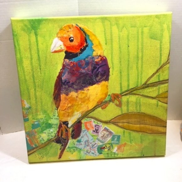 Hand Painted Giclee on Canvas Gouldian Finch Bird on Branch16x16" - Picture 1 of 8